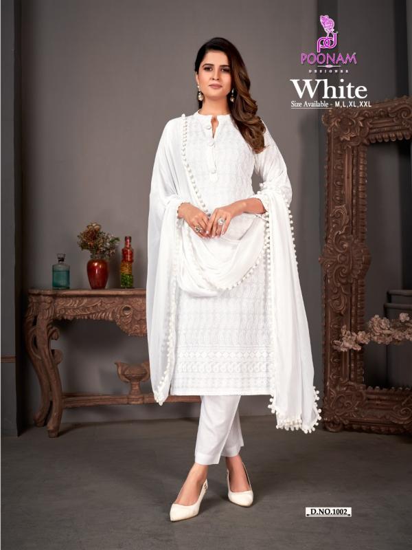 Poonam White rayon Fancy Kurti Pant With Dupatta Collection